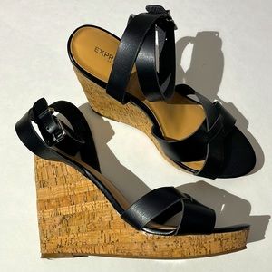 Express black leather wedges heels shoes sz 10 double ankle strap cork pumps
